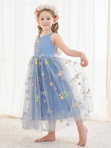 Vestido azul de tul hasta el tobillo, corte en A (2003227598) 