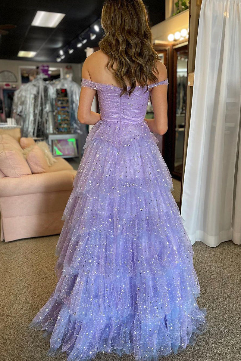 Acadia | Vestido largo de fiesta de tul con volantes y hombros descubiertos, corte en A