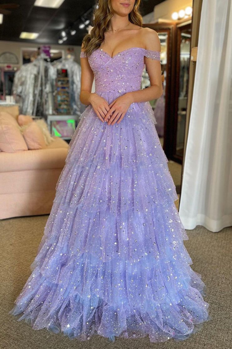 Acadia | Vestido largo de fiesta de tul con volantes y hombros descubiertos, corte en A