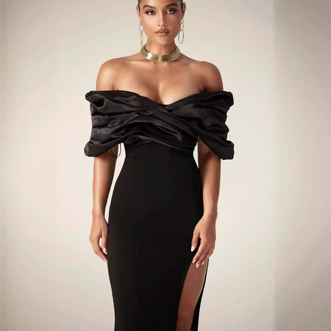 Off-Shoulder Ruched Slit Prom Dress
