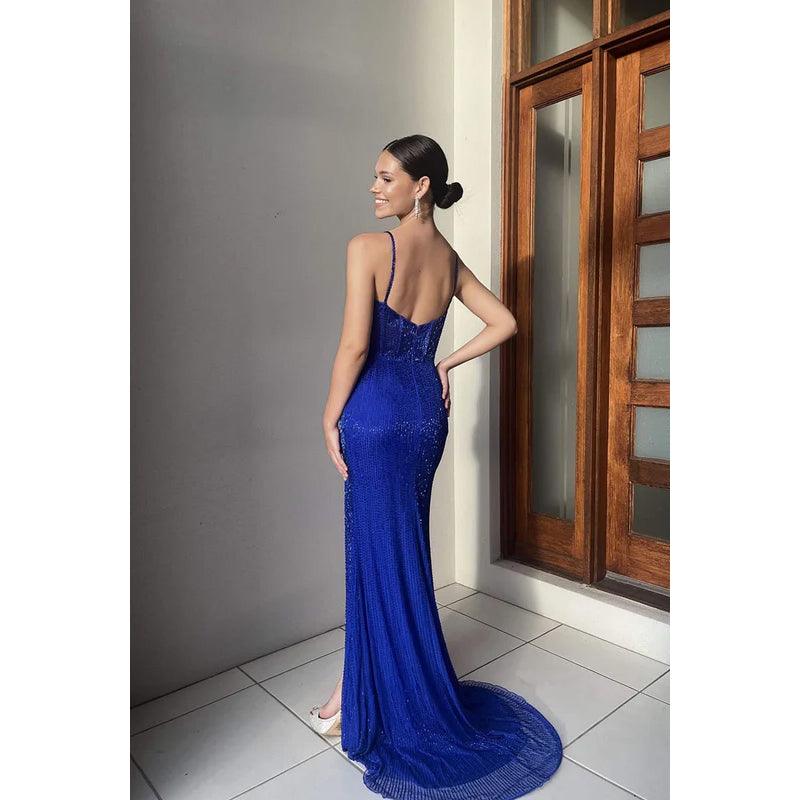 Robe de soirée fendue sans manches à bretelles fourreau/colonne et paillettes