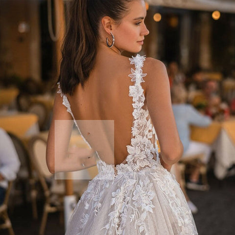 Boho Wedding Dresses For Dress Elegant A-Line Sleeveless 3D Appliqued Bride Gown Side Split Sexy Backless Dress