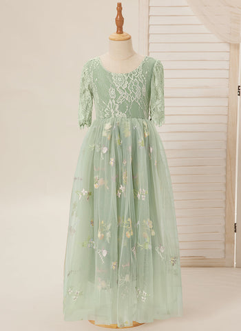 Vestido de niña de las flores color salvia con escote redondo, superficie de tela y tul (2003227581) 