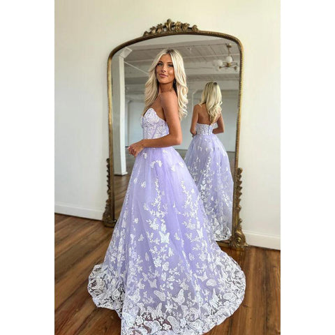 Sweetheart Strapless Sleeveless Lace Tulle A-Line Long Prom Evening Dress