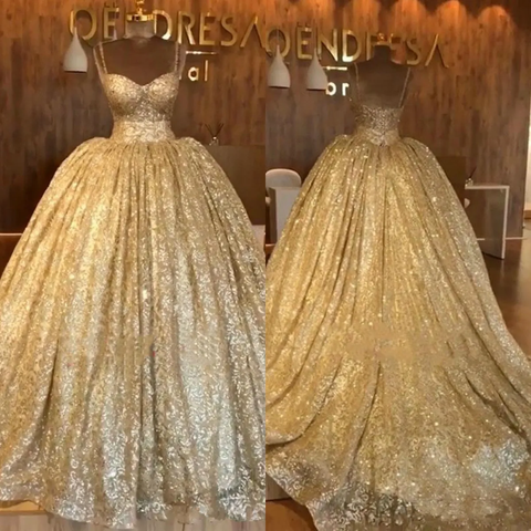 Spaghetti Straps Gold Evening Dress | Luxury Ball Gown Princess Prom Dress S19116
