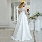 Beach Plus Size Wedding Dress Woman Satin Bohemian Lace Long Sleeve V Neck A Line Floor Length Bridal Gown White
