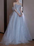 Vestido de noche corte A, elegante, con hombros descubiertos, tul y lentejuelas, ideal para graduación o boda (Y7626)