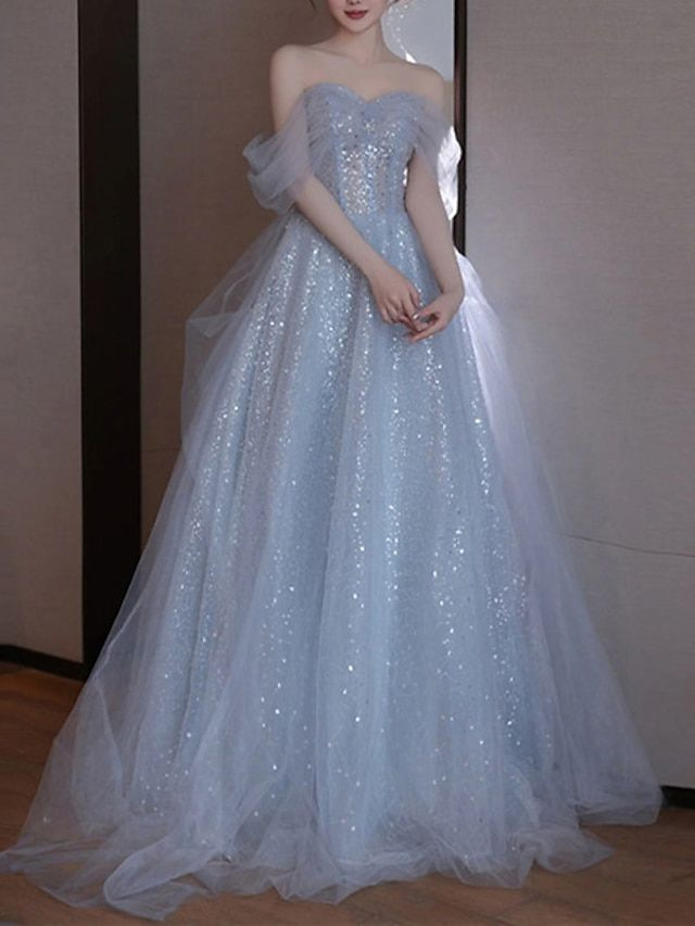 Vestido de noche corte A, elegante, con hombros descubiertos, tul y lentejuelas, ideal para graduación o boda (Y7626)