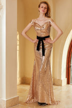 Robe de soirée champagne à sequins épaules dénudées
