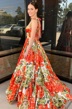 Adara | Vestidos largos de fiesta de satén con estampado floral y escote corazón, corte en A