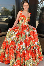 Adara | Vestidos largos de fiesta de satén con estampado floral y escote corazón, corte en A