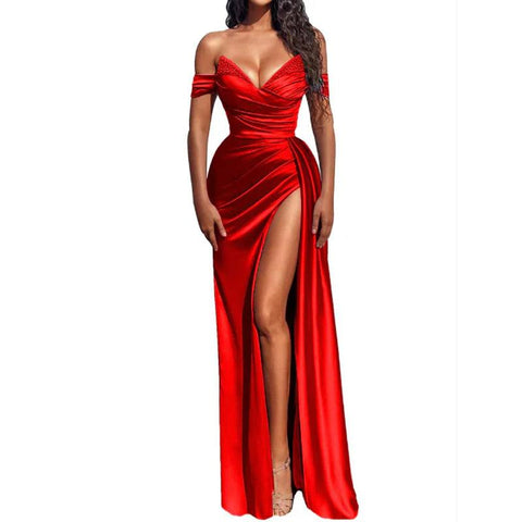 Robe de bal longue plissée et sexy à col en V et fente