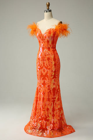 Mermaid Off the Shoulder Orange Long Prom Dress with Feathers