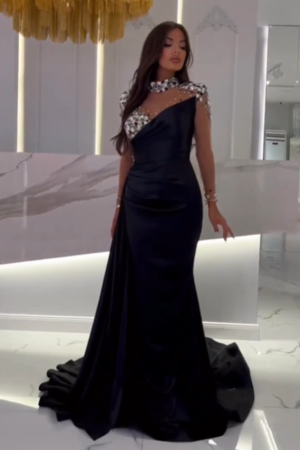 Long Sleeves Mermaid Evening Dress High Neck With Crystal