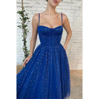 Robe de bal scintillante en tulle étoilé à bretelles spaghetti et poches 