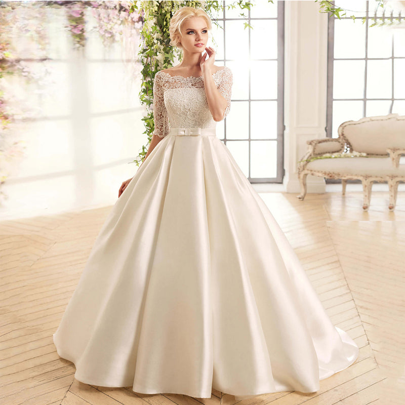 Elegant Lace Wedding Dresses For Women Half Sleevess Bride With Belt Bow Vestidos  De Novia Boda Suknia Ślubna Robe Mariée