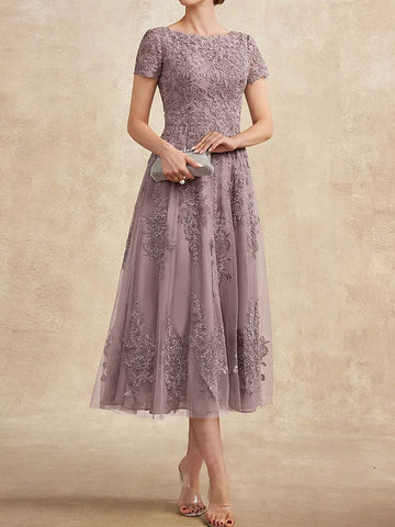 A-line Scoop Tea-Length Tulle Lace Mother of the Bride Dress