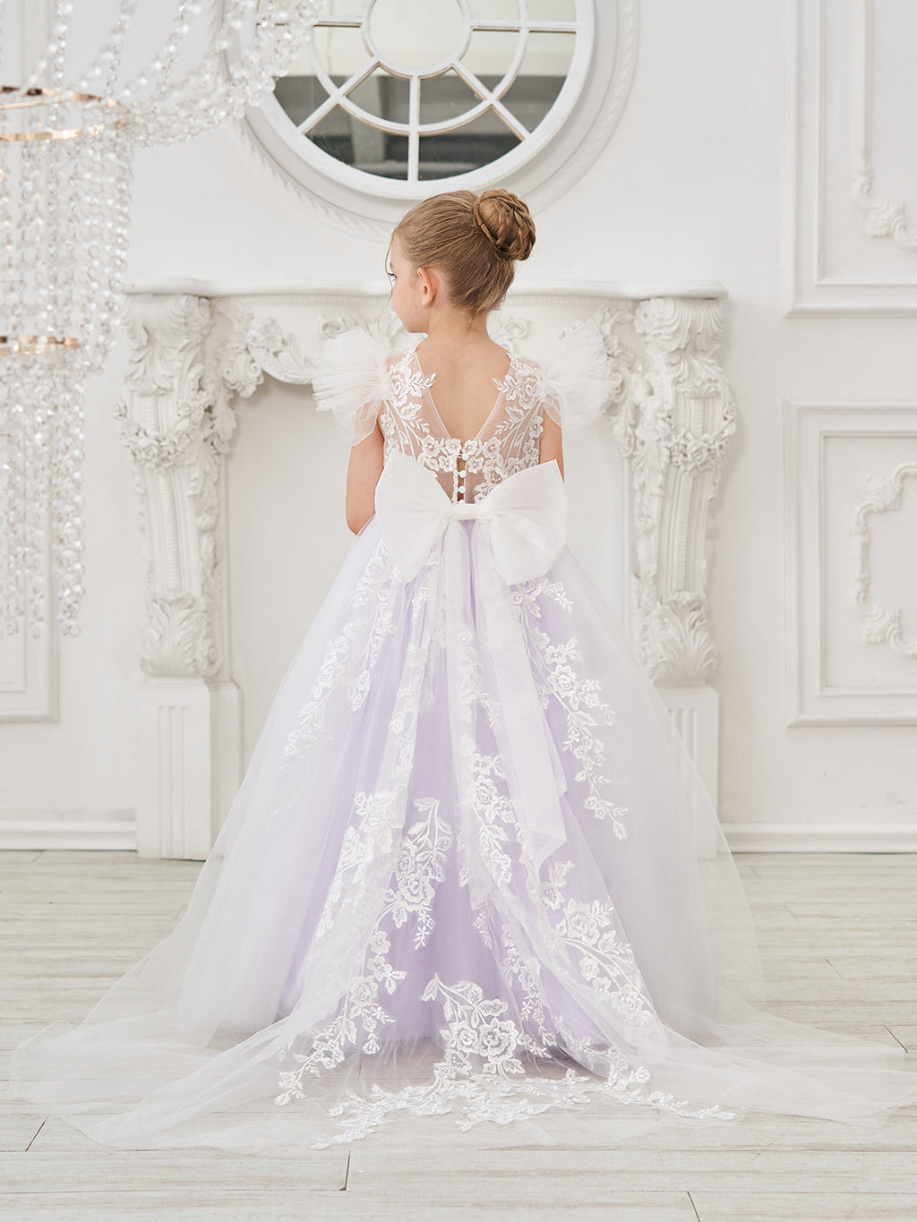 Vestido de niña de las flores con cola de tul y encaje desmontable 