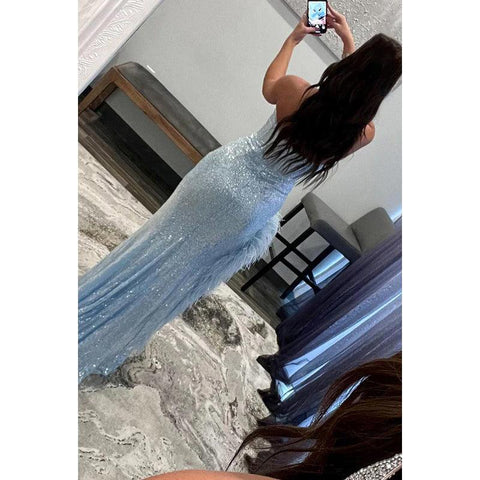 Robe de soirée fourreau/colonne à col en V et paillettes, sans manches, à plumes