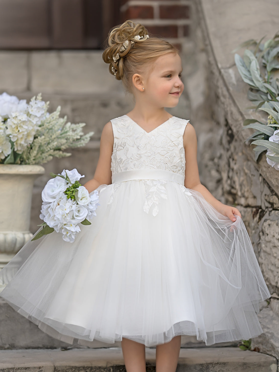 Vestido de niña de las flores sin mangas de tul y encaje hasta la rodilla 