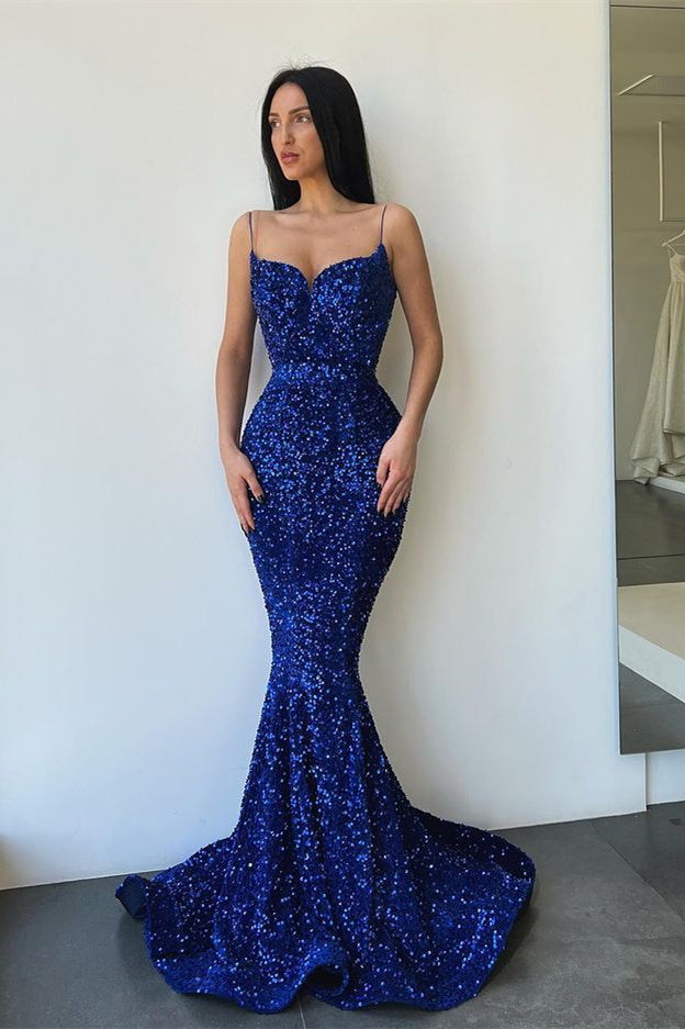 Robe de bal sirène bleu royal à sequins et fines bretelles spaghetti