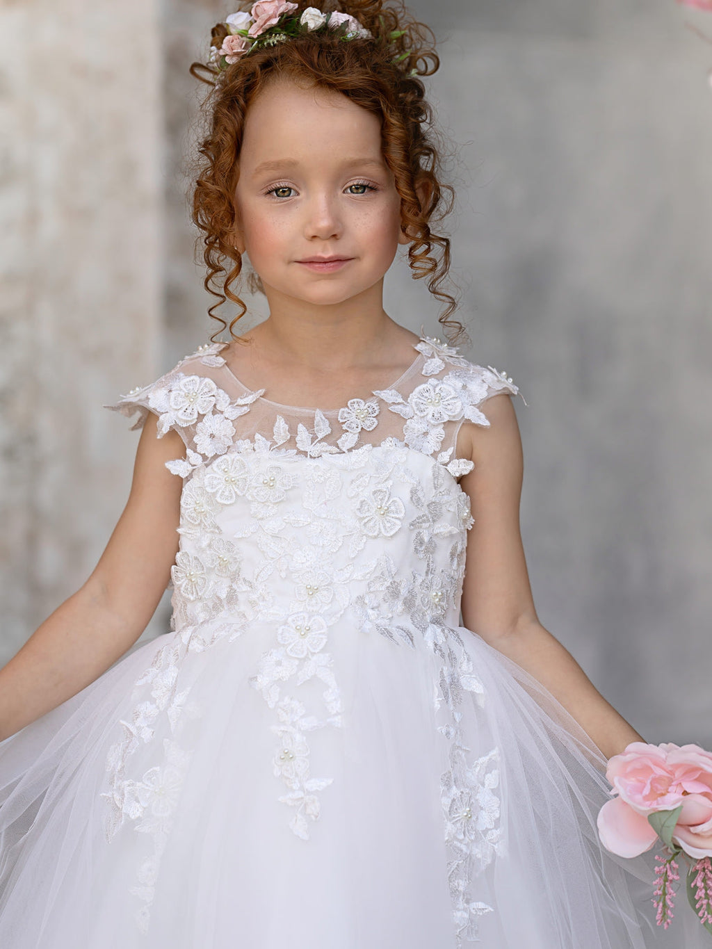 Vestido de princesa color marfil con apliques de encaje y lazo de tul | Vestido de niña de las flores de tul de manga corta hasta el tobillo 