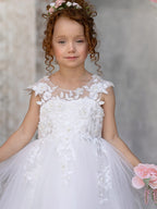 Vestido de princesa color marfil con apliques de encaje y lazo de tul | Vestido de niña de las flores de tul de manga corta hasta el tobillo 