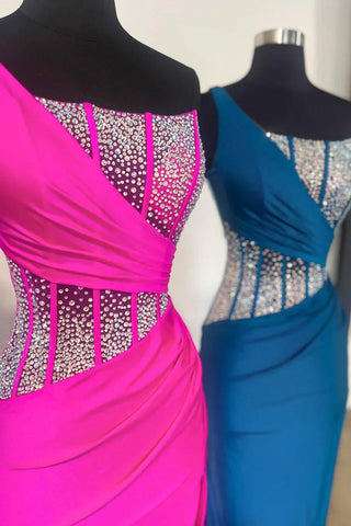 Blue Mermaid One Shoulder Long Prom Dresses with Beaded