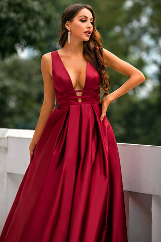 A Line Deep V Neck Burgundy Satin Prom Dress