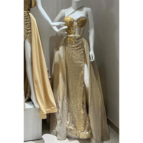 Robe de soirée trapèze détachable à une épaule et perles scintillantes 