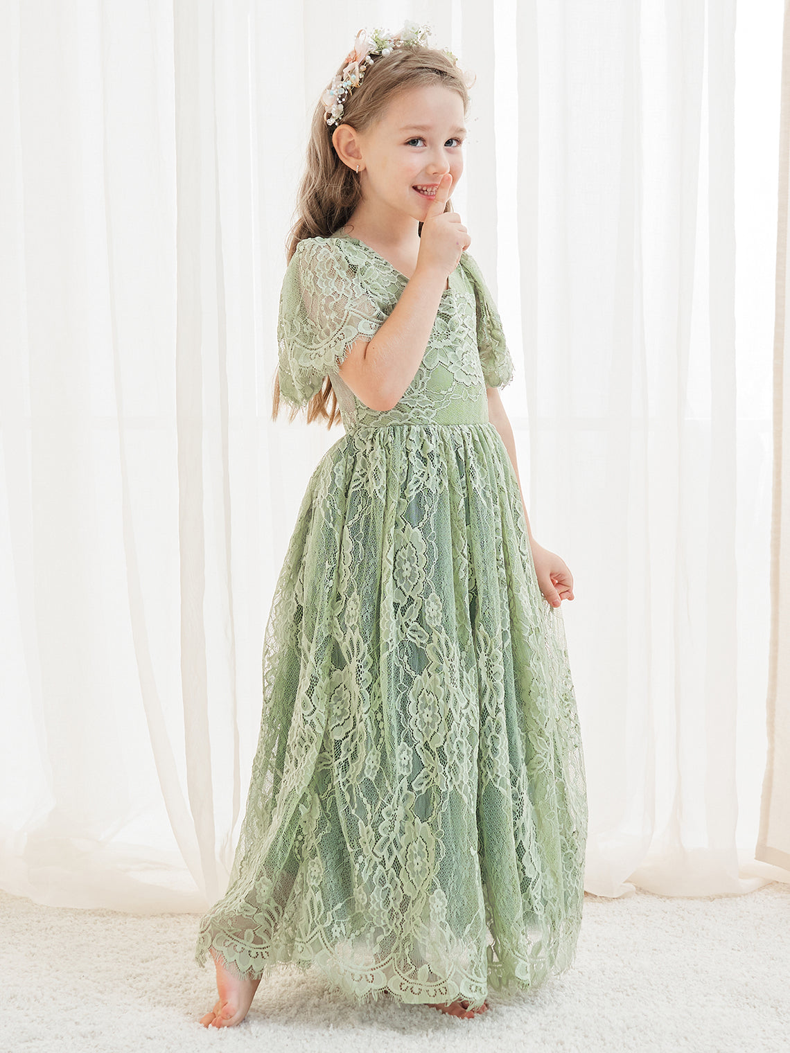 Vestido verde de tul y encaje de corte A hasta el tobillo (2003227593) 