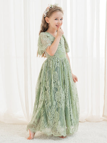 A-line Lace Ankle-length Ivory Boho Flower Girl Dress