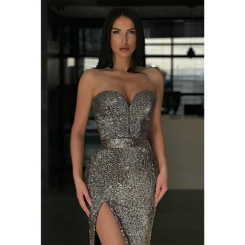 Vestido de fiesta tubo/columna con escote en forma de corazón, brillante y abertura 