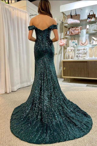 Robe de bal longue sirène à paillettes vert foncé, épaules dénudées et fente.