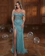 Long Mermaid Off the Shoulder Tulle Beads Sequins Prom Dresses with Slit