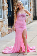 Aeliana | Vestido largo de sirena rosa sin tirantes con lentejuelas y abertura