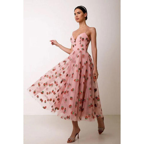 Sweetheart Strawberry Print Tulle A-Line Long Prom Evening Formal Dress