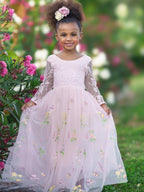 Vestido de niña de las flores de jardín, de tul bordado con encaje floral, corte en A y largo hasta el suelo 