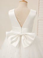 Vestido de princesa/vestido de princesa de satén y tul hasta la rodilla para niña de las flores 