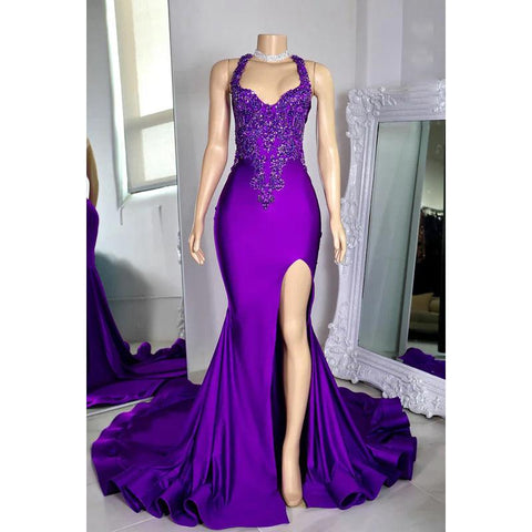 Vestido de fiesta sexy y atractivo con tirantes cruzados, volantes y cuentas, corte trompeta/sirena