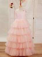 Vestido rosa de corte A, largo hasta el suelo, de tul y encaje (010220942)