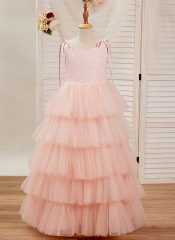 Robe longue rose en tulle et dentelle, coupe trapèze (010220942) 