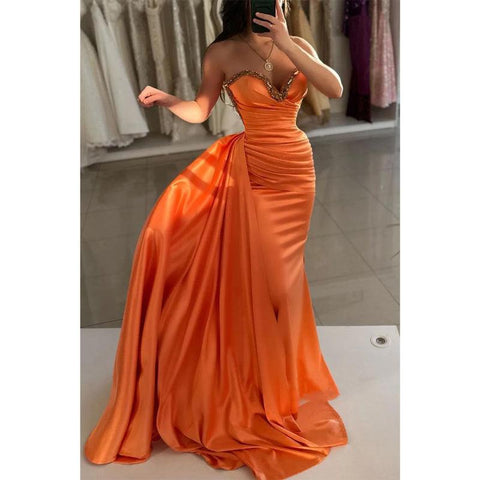 Vestido de noche para fiesta, graduación, con escote en forma de corazón, sin tirantes, con cuentas y fruncido, y cola 