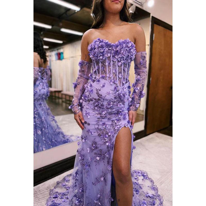 Robe de soirée longue fourreau en tulle transparent à fleurs et perles appliquées