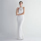 Sequined Craft Beading Cocktail Evening Dress Elegant Long Halter Slim Fit Fishtail