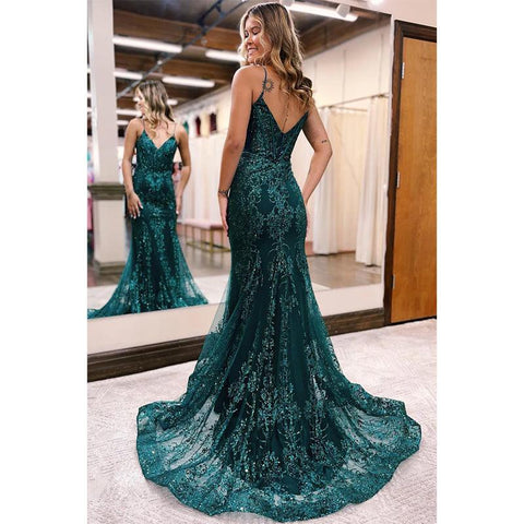 Robe de bal sirène longue et sexy à paillettes et col en V