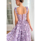 Vestido de fiesta formal de corte A con tirantes cuadrados, glamuroso y dramático, con flores