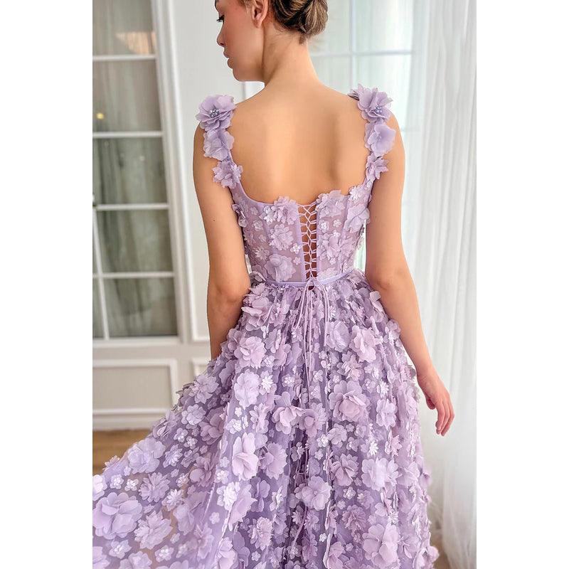 Vestido de fiesta formal de corte A con tirantes cuadrados, glamuroso y dramático, con flores