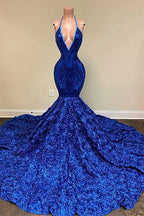Deep V-neck Halter Mermaid Prom Dress with  Sequins and Floral