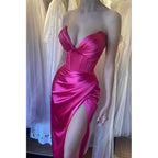 Vestido de fiesta formal largo rosa elegante con escote en V y pliegues, sexy y con abertura 
